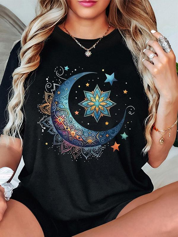 Women's Star & Moon Print Crew Neck Tee, 1 Count Casual Short Sleeve T-Shirt for Spring & Fall, Fashion Women's Top for Daily Wear