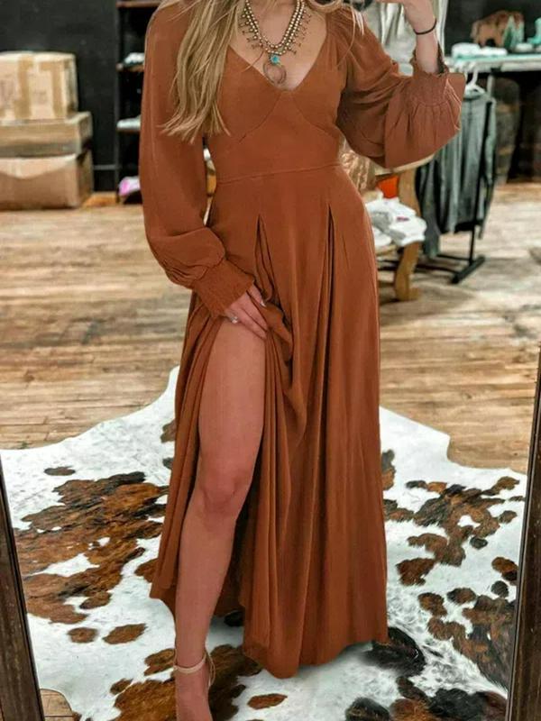 Women's Plain Shirred Split Thigh A Line Dress, Elegant Bishop Sleeve Deep V Neck Maxi Dress for Party Holiday Wedding Guest, Ladies Spring & Fall Clothes