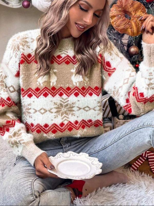 Women's Christmas Themed Drop Shoulder Sweater, Casual Long Sleeve Round Neck Jumper for Fall & Winter, Fashion Ladies' Knitwear for Daily Wear