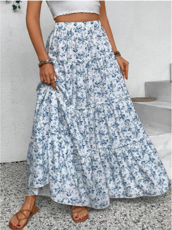 Women's Ditsy Floral Print Frill Trim Ruffle Hem Tiered Layer A Line Skirt, Boho Fashion Elastic Waist Long Skirt for Beach Holiday Vacation, Ladies Bottoms for All Seasons