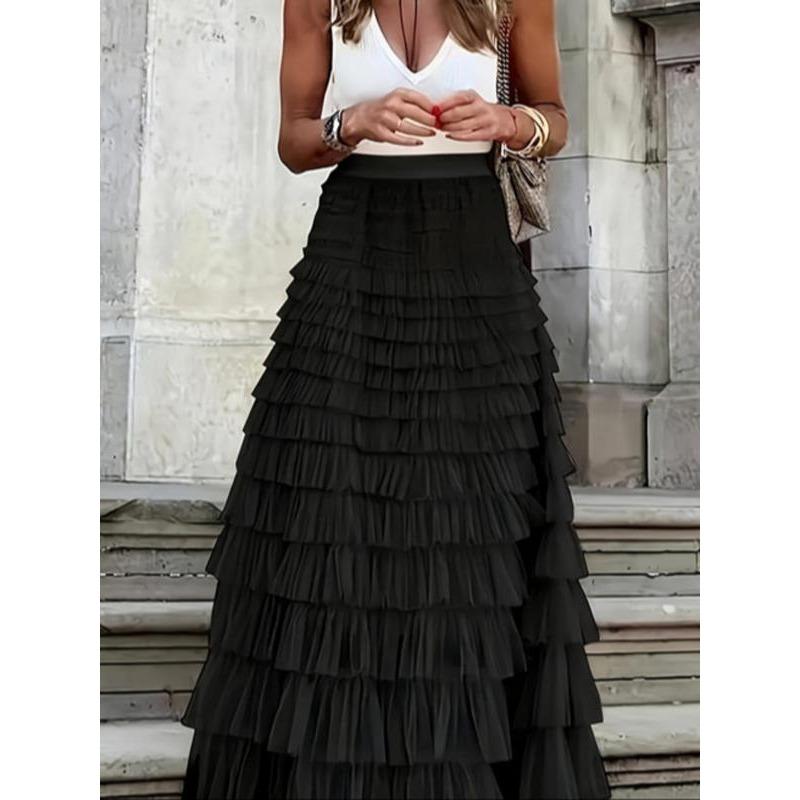 Women's Basic Minimalist Plain Ruffle Hem Tiered Layer Skirt, Lady Elegant Comfort High Waist Long Skirt for Vacation Holiday Party, Skirts for Women, Ladies Bottoms for Fall, Womenswear