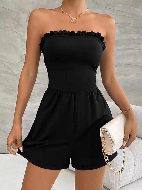 Women's Plain Frill Trim Ruched Tube Romper, Casual Fashion Backless High Waist Wide Leg Romper for Summer, Women's Clothes for Daily Wear