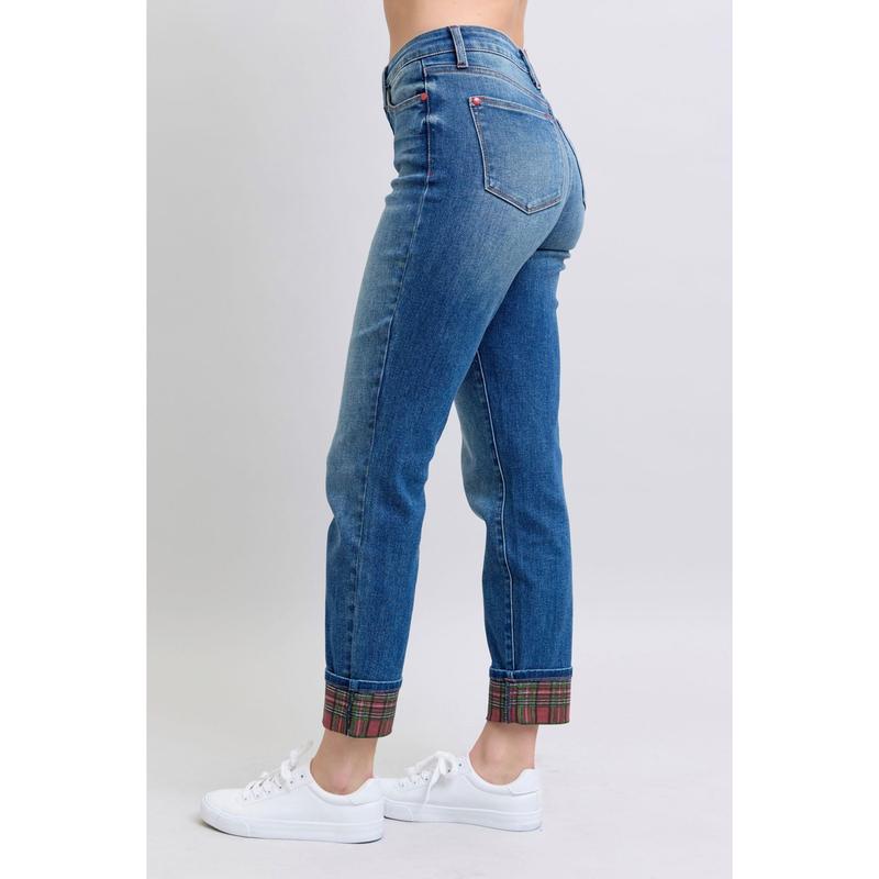 Judy Blue Full Size Plaid Print Cuff Straight Leg Jeans with Pockets trendy jean