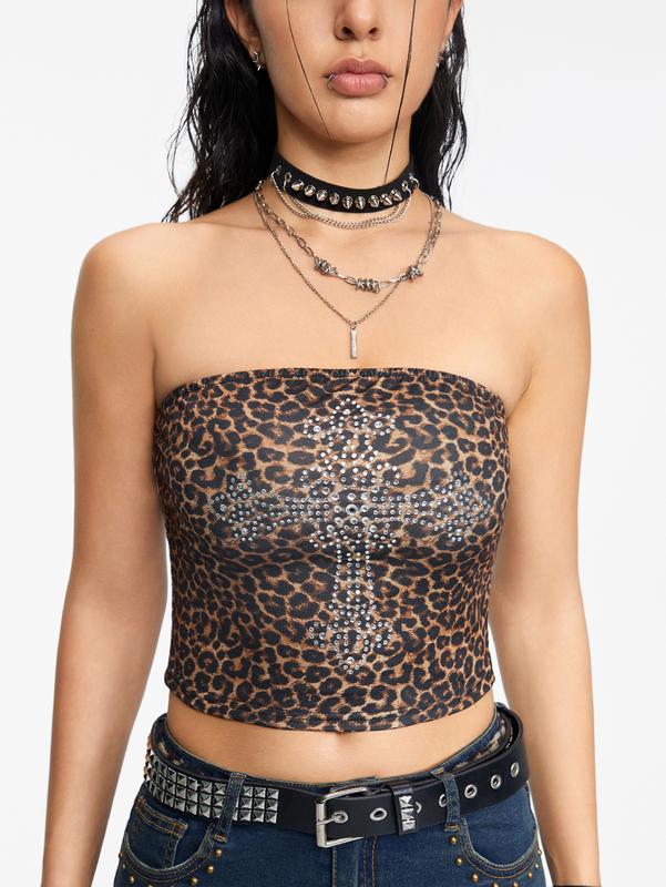 ROMWE Grunge Punk Sexy Leopard Print Strapless Top With Cross & Rhinestone Decoration For Women, Stretchy