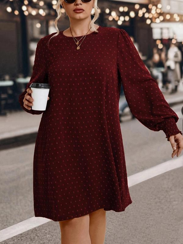  Swiss Dot Print Keyhole Neck Bishop Sleeve Dress, Casual Long Sleeve A Line Dress for Spring & Fall, Women's Clothes for Daily Wear