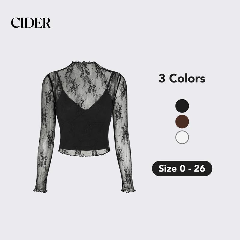 Cider [3 colors, size 0-26] High Neck Lace Floral Blouse & Solid Cami Top Set