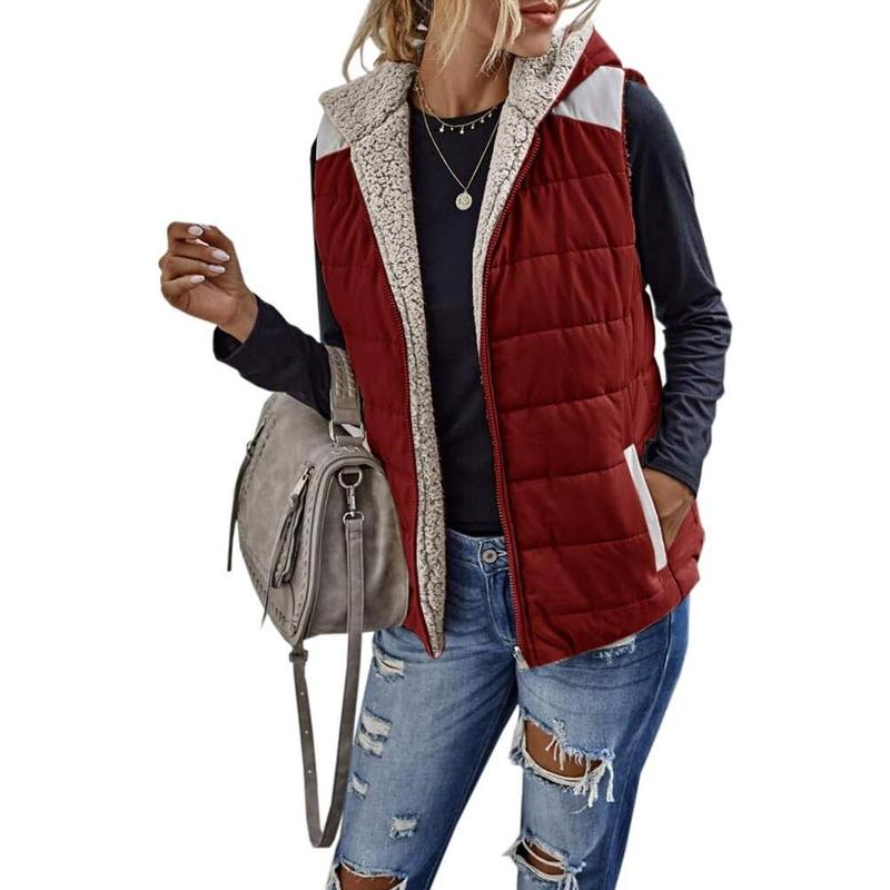 Tankaneo Womens Sherpa Fleece Full Zip Reversible Vest Warm Color Block Hoodie Outwear with Pocket