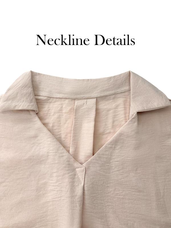 Women's Plain Shirred Flounce Sleeve Chiffon Blouse, Elegant V Neck 3 4 Sleeve Top for Spring & Fall, Women's Clothing for Daily Wear