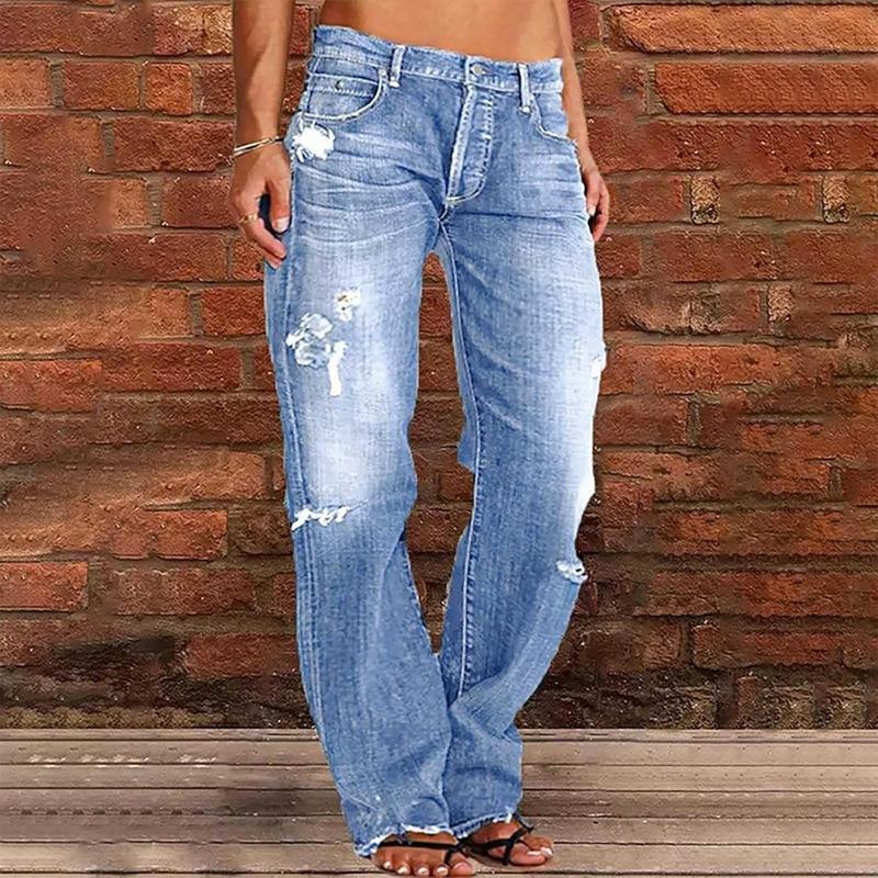 Women's Ripped Jeans Mid Rise Straight Leg Denim Jean Plus Size Boyfriend Jeans Baggy Flare Pants 90s Hippie Clothes