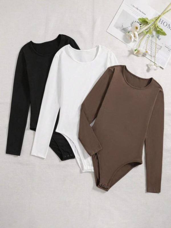 Women's Solid Long Sleeve Bodysuit, Casual Comfy Round Neck Bodysuit for Daily Wear, Ladies Clothes for All Seasons