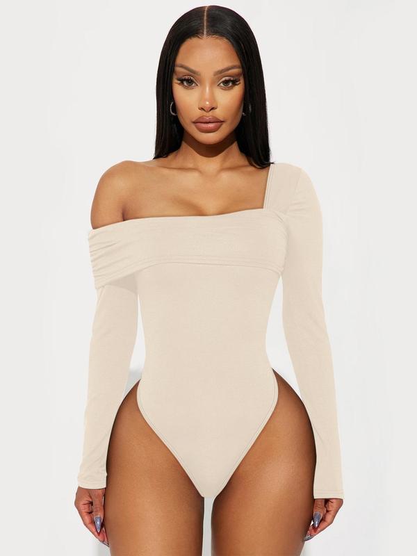 Women's Solid Color One Shoulder Bodysuit, Casual Plain Tight Long Sleeve Bodysuit for Spring & Fall, Women's Clothes for Daily Wear Outdoor