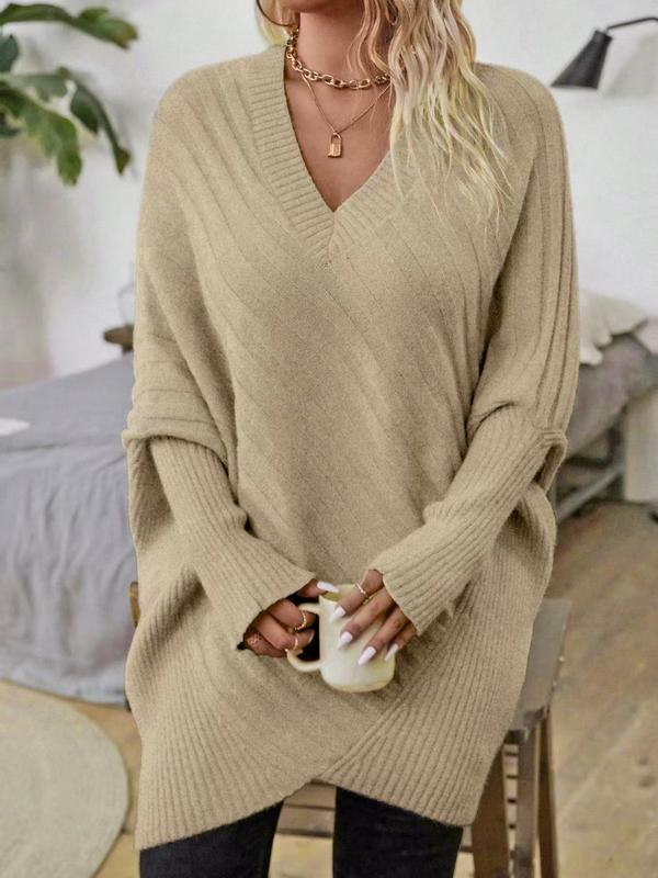 Women's Plain Asymmetrical Hem Batwing Sleeve Sweater, Casual Long Sleeve V Neck Jumper Dress for Fall & Winter, Women's Plus Clothing for Daily Wear