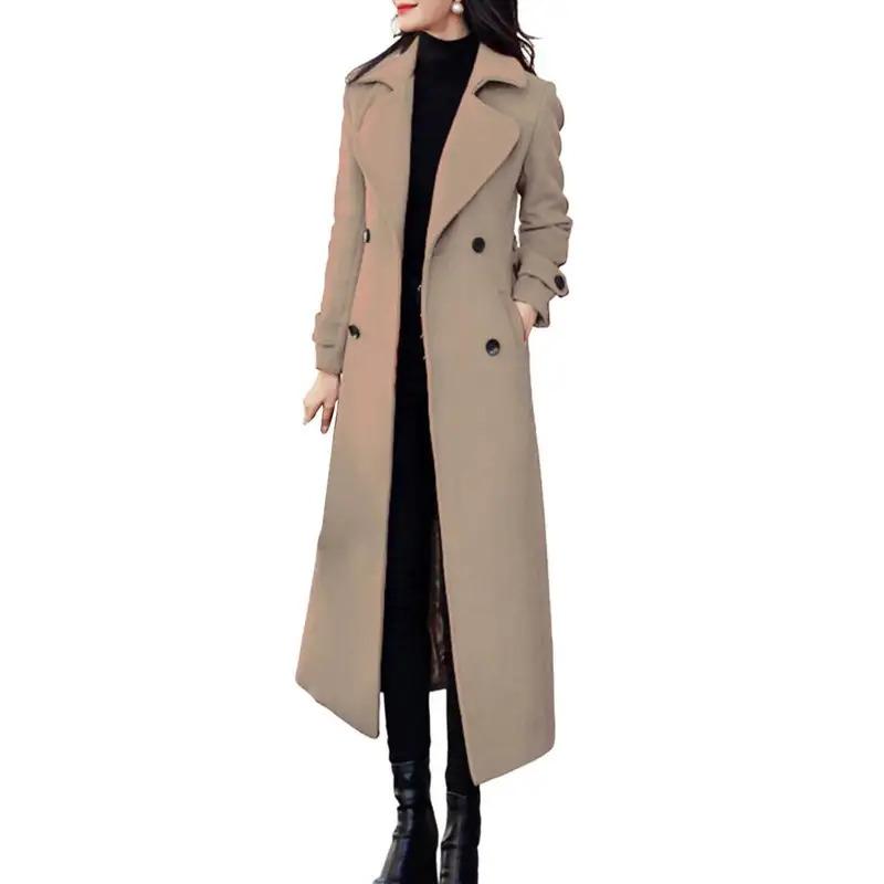 Winter Overcoat Elegant Double-breasted Waist Belt Long Woolen Jacket Fashion Thermal Thick Women Trench Coat Winter Wool Coat