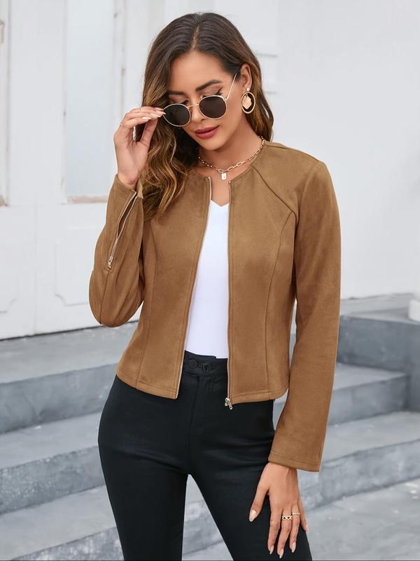 Women's Solid Zip Up Split Hem Crop Jacket, Casual Long Sleeve Round Neck Outerwear for Spring & Fall, Ladies Clothes for Daily Wear