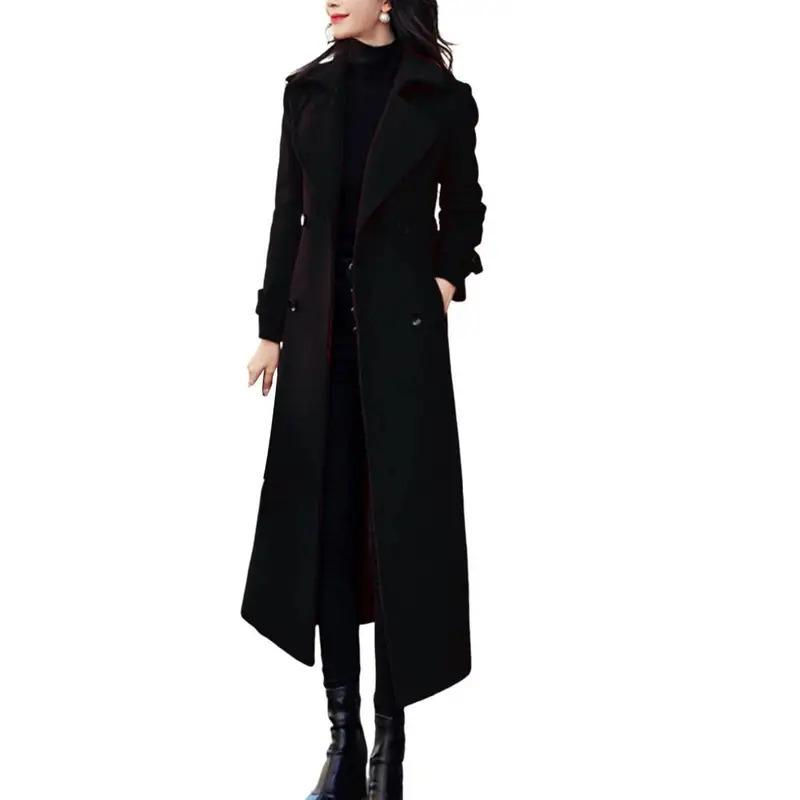 Winter Overcoat Elegant Double-breasted Waist Belt Long Woolen Jacket Fashion Thermal Thick Women Trench Coat Winter Wool Coat