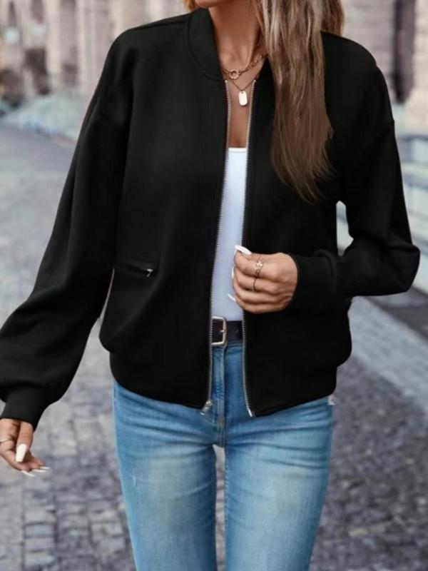 Women's Solid Color Drop Shoulder Zip Up Jacket, Fashion Casual Pocket Zipper Jacket for Daily Outdoor Wear, Ladies Clothes for All Seasons, Fall Clothes 2024