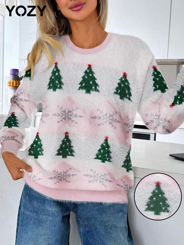 YOZY Women's Christmas Tree & Snowflake Print Drop Shoulder Sweater, Casual Long Sleeve Round Neck Jumper for Fall & Winter, Fashion Ladies' Knitwear for Daily Wear