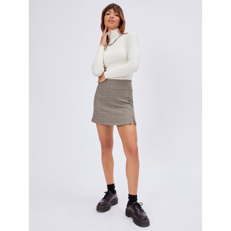 Cider [3 colors, Size 2-26] Houndstooth High Waist Split Mini Skirt