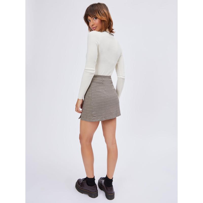 Cider [3 colors, Size 2-26] Houndstooth High Waist Split Mini Skirt