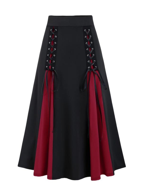 Plus Size Colorblock Lace Up Tie Front Flared Skirt, Plus Casual Grommet Eyelet High Waist Long Skirt for Daily Wear, Women's Plus Bottoms for All Seasons, Back To School Outfit