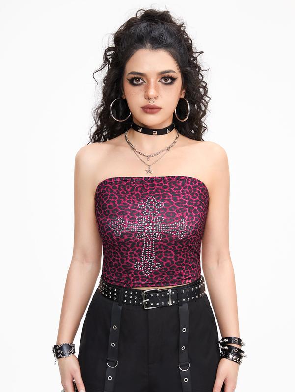 ROMWE Grunge Punk Sexy Leopard Print Strapless Top With Cross & Rhinestone Decoration For Women, Stretchy