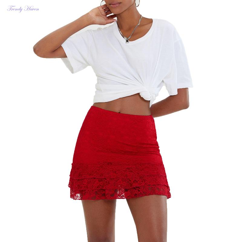 Women's Fashion Mini Skirts Lace Ruffles Skirts Summer Fashion Casual Skirts Streetwear Square Neck