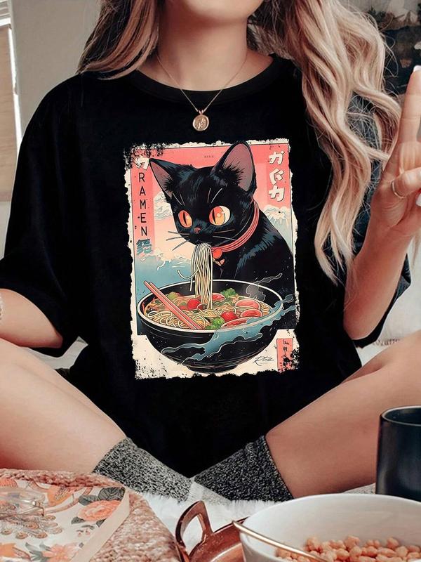 Women's Cartoon Cat & Ramen Print Round Neck Tee, Fashion Casual Drop Shoulder Short Sleeve T-shirt, Ladies Summer Clothes for Daily Wear