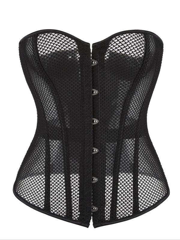 Women's Button Front Lace Up Sheer Shapewear Waist Trainer, Tie Back Hook & Eye Front Corset, Fashionable Shaper for Daily Wear