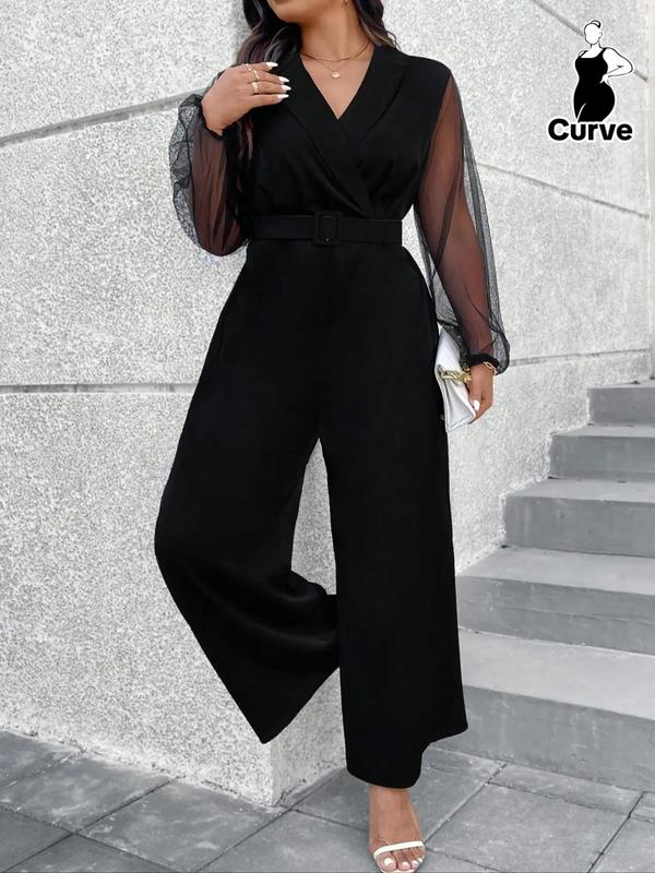  Solid Wrap Sheer Belted Wide Leg Jumpsuit, Elegant Bishop Sleeve Shawl Collar Jumpsuit for Party Holiday, Women's Clothes for Fall & Winter