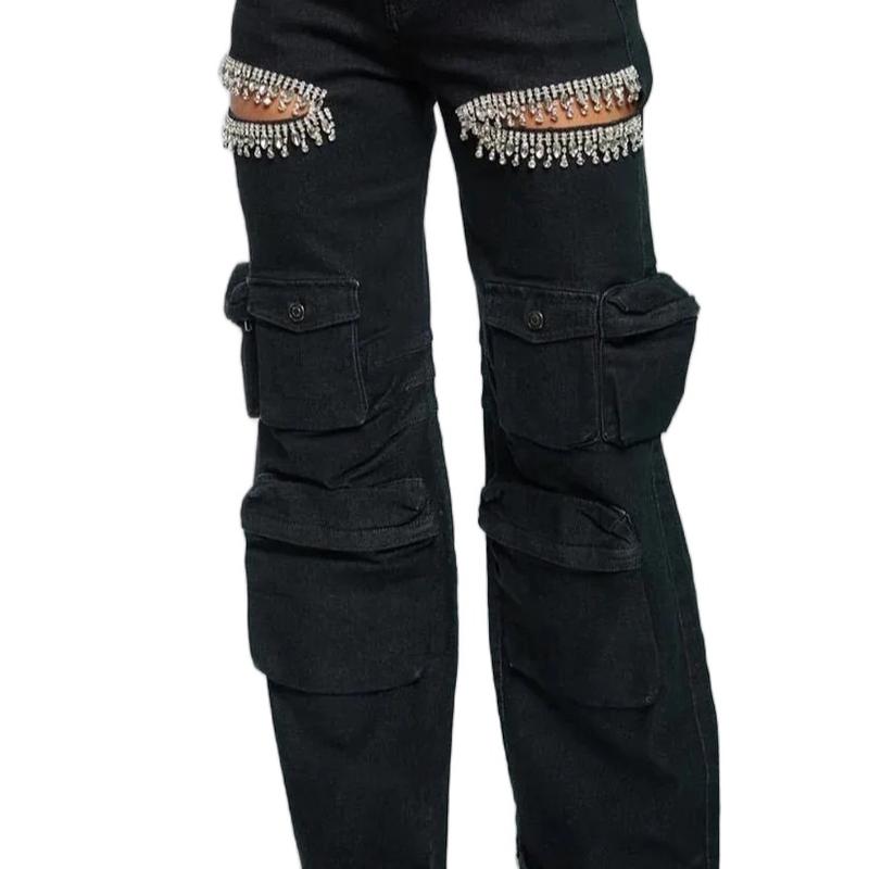 Women's Hollow Rhinestone Cargos Jeans - Perfect for Any Occasion - Bottom, Womenswear