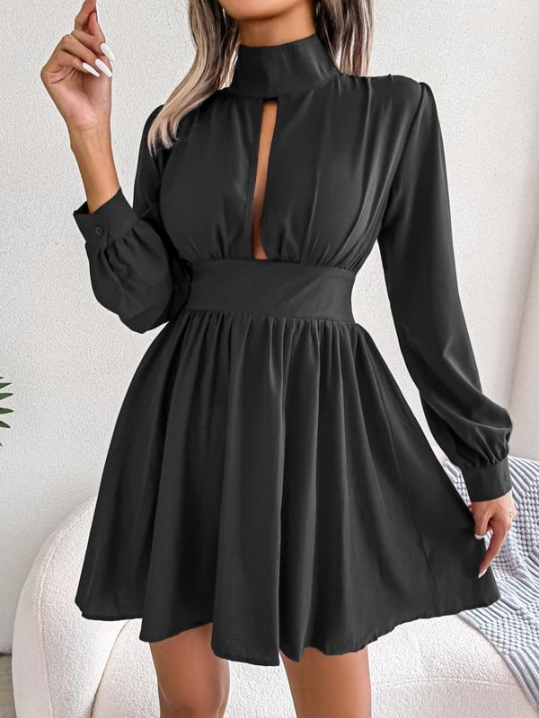 Women's Solid Cut Out High Neck A Line Dress, Elegant Fashion Casual Bishop Sleeve Short Dress for Daily Outdoor Wear, Ladies Dress for Spring Fall