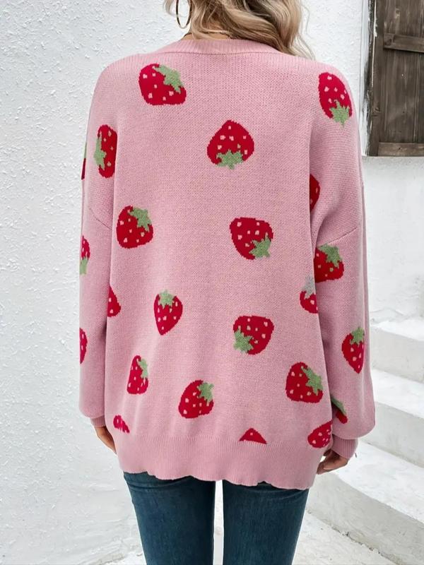  Strawberry Print Drop Shoulder Cardigan, Casual Long Sleeve Open Front Cardigan for Fall & Winter, Cardigans for Women, Women's Clothing for Daily Wear