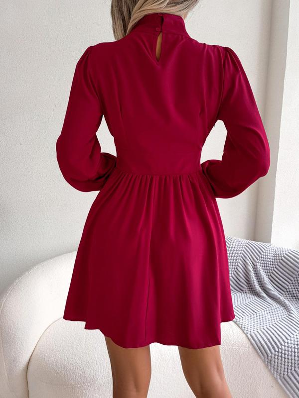 Women's Solid Cut Out High Neck A Line Dress, Elegant Fashion Casual Bishop Sleeve Short Dress for Daily Outdoor Wear, Ladies Dress for Spring Fall