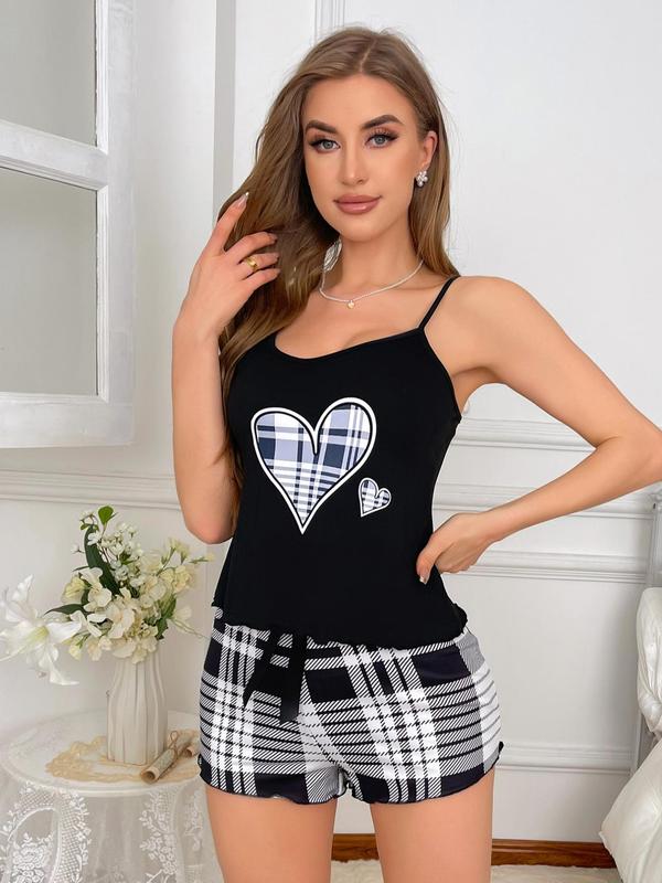 Two-Piece Set Women's Plaid Heart Print Pyjama Set, Casual Lettuce Trim Backless Camisole & Bow Decor Elastic Waist Shorts, Summer Clothes Women, Ladies Homewear