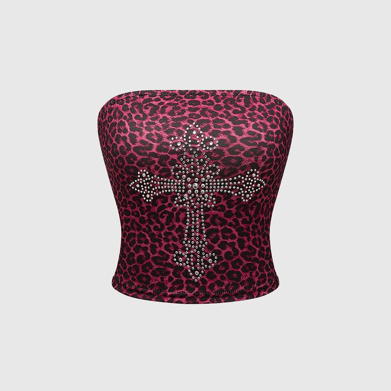 ROMWE Grunge Punk Sexy Leopard Print Strapless Top With Cross & Rhinestone Decoration For Women, Stretchy