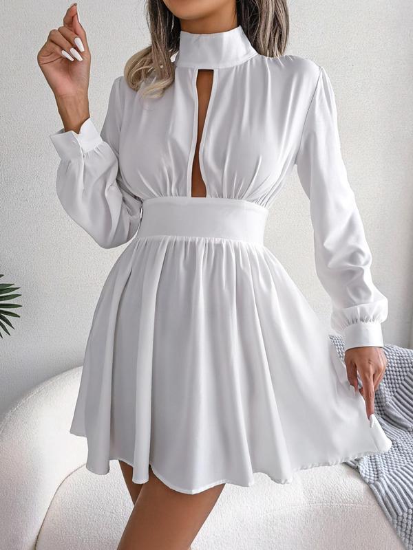 Women's Solid Cut Out High Neck A Line Dress, Elegant Fashion Casual Bishop Sleeve Short Dress for Daily Outdoor Wear, Ladies Dress for Spring Fall