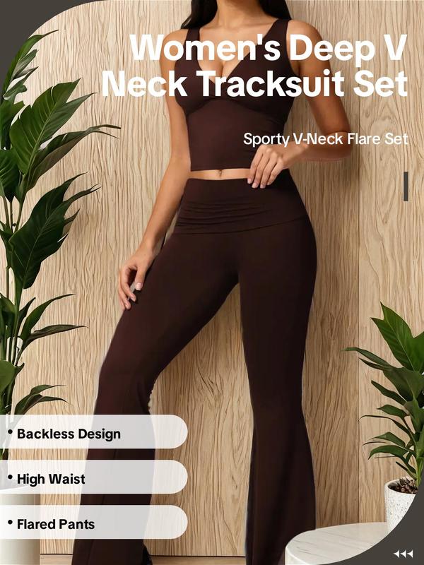 Two Counts Women's Solid Deep V Neck Tracksuit Set, Two Piece Sets Tracksuits, Casual Backless Crop Cami Top & Flared Pants, Back To School Fall Outfits, Sportswear Set for Indoor Outdoor Wear, Minimalistic Outfit, Downtown Girl Clothes, Fall Outfits