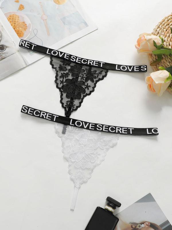 Women's 2pcs Letter Tape Contrast Lace Sexy Knicker, Soft Breathable Comfortable Low Waist Panty for Daily Wear, Women's Underwear for All Seasons