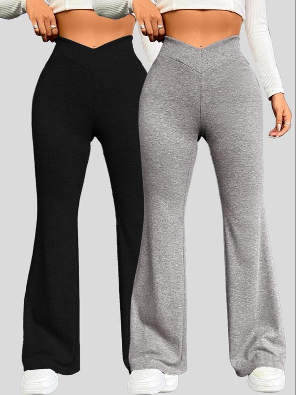 Womenswear Plain Wrap High Waist Flare Leg Pants, Basic Minimalist Comfy Bell Bottom Trousers for Daily Wear, Pants for Men,  Pants for Women, Lady Comfort Going Out Bottoms for Fall, Fall Outfits 2024 for Work, Thickgyatt Flare Pants