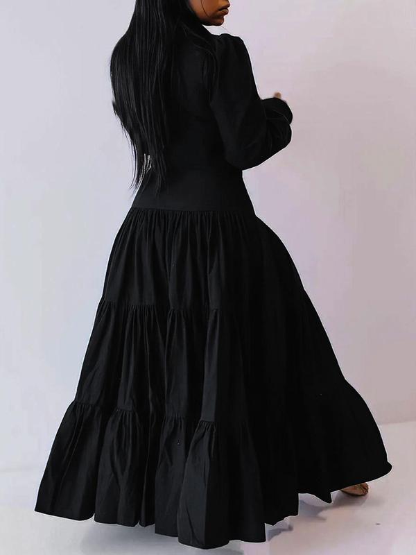  Solid Button Front Ruffle Hem Split A Line Dress, Elegant Puff Sleeve Collared Long Dress for Party Holiday Wedding Guest, Women's Clothes for Fall & Winter