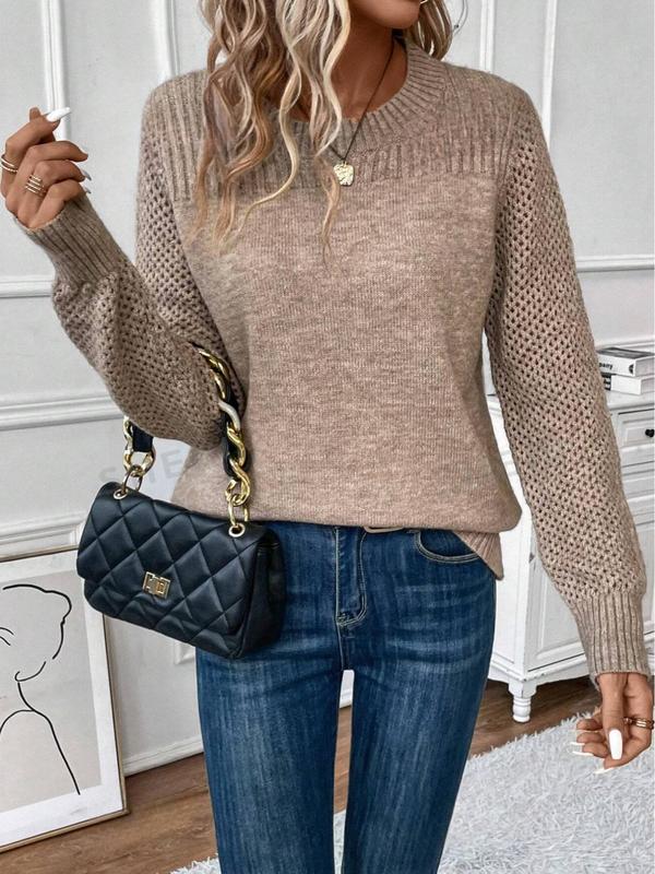 Women's Plain Hollow Out Round Neck Sweater, Casual Long Sleeve Crew Neck Jumper for Fall & Winter, Fashion Ladies' Knitwear for Daily Wear