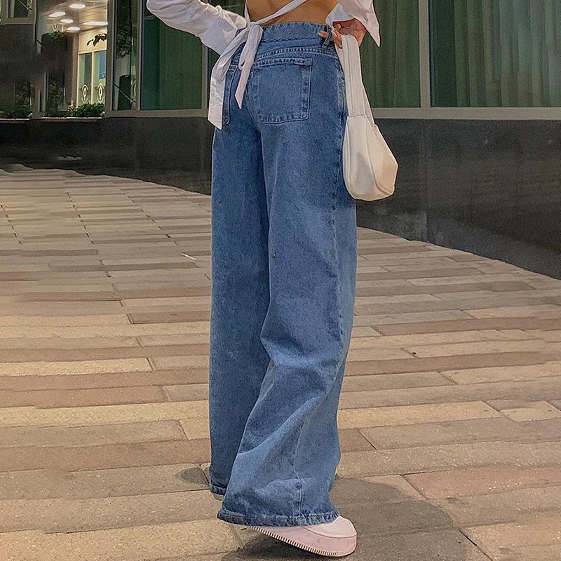 HS1580  Plain Vintage Jeans Low-rise  Fitted Retro Jeans Straight-leg Loose-fitting Street Style Denim Trousers Fitted Mid Waist Jeans trousers  outfit