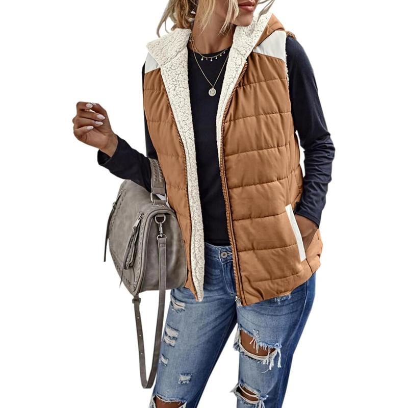 Tankaneo Womens Sherpa Fleece Full Zip Reversible Vest Warm Color Block Hoodie Outwear with Pocket