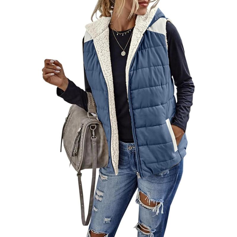 Tankaneo Womens Sherpa Fleece Full Zip Reversible Vest Warm Color Block Hoodie Outwear with Pocket