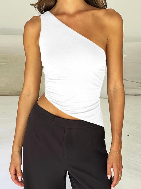 Women's Plain Asymmetrical One Shoulder Crop Top, Elegant Tie Backless Ruched Tank Top, Fashion Women's Summer Clothes for Daily Wear