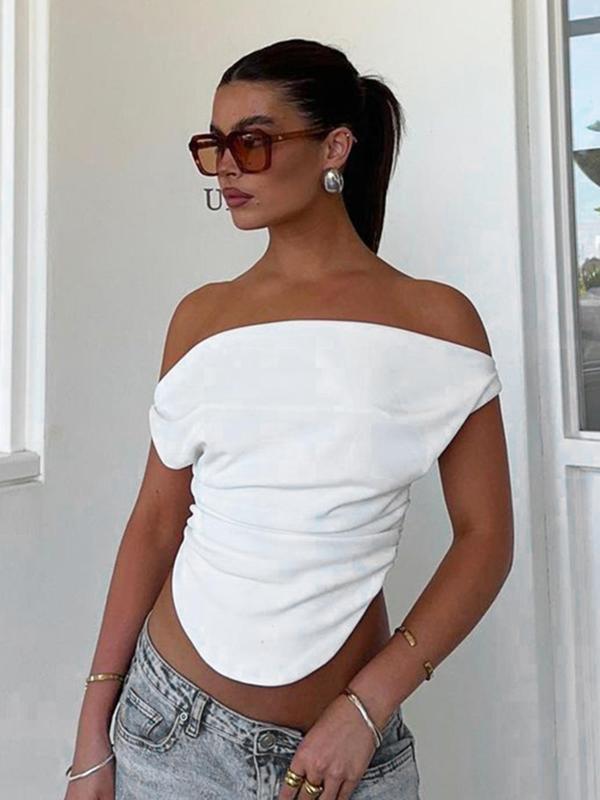 Women's Plain Ruched Off Shoulder Crop Tee, Casual Cap Sleeve T-shirt for Spring & Fall, Women's Clothing for Daily Wear, T Shirts for Women