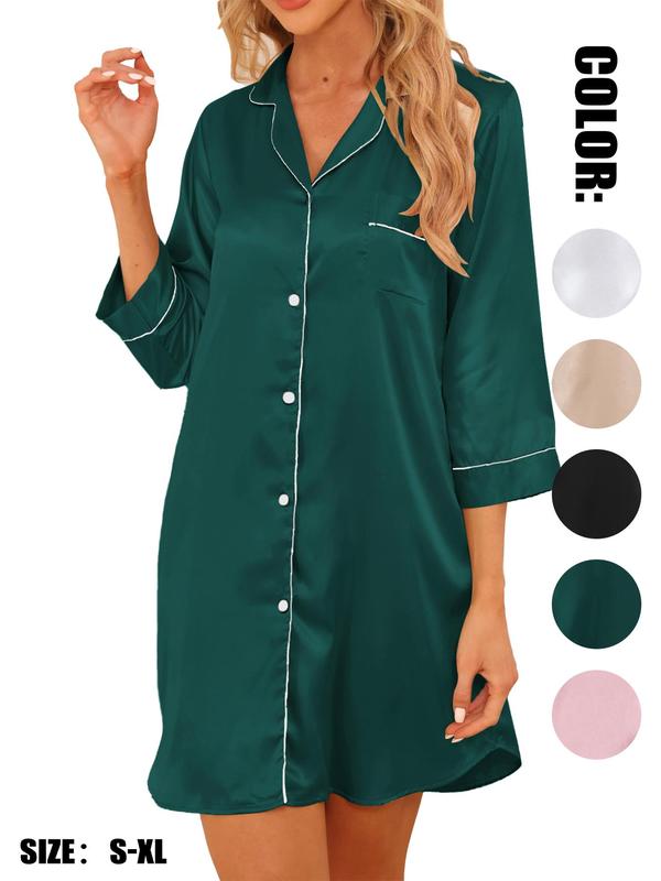 Women's Contrast Binding Lapel Satin Nightdress, Elegant Pocket Button Front Nightgown for All Seasons, Fashion Ladies' Sleepwear for Daily Wear