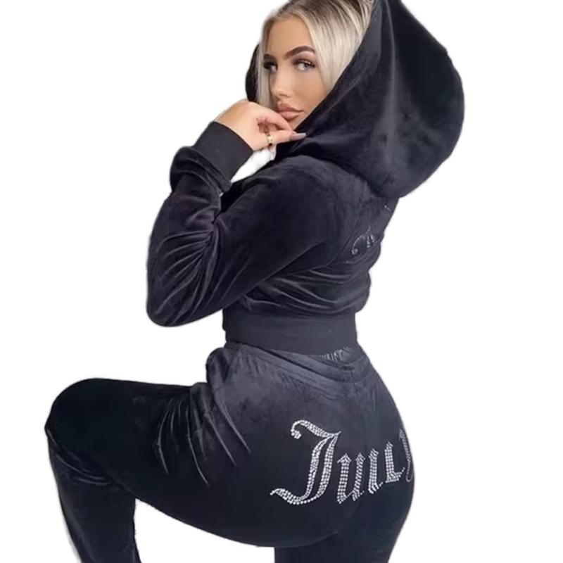 Women's Y2K Vintage Two Piece Set with Zipper Hoodies and Straight Pants - Gothic Streetwear for 2024 - Clothing, Womenswear Elastic Fabric Fit Sleeve Collar Flat High Waist Loose