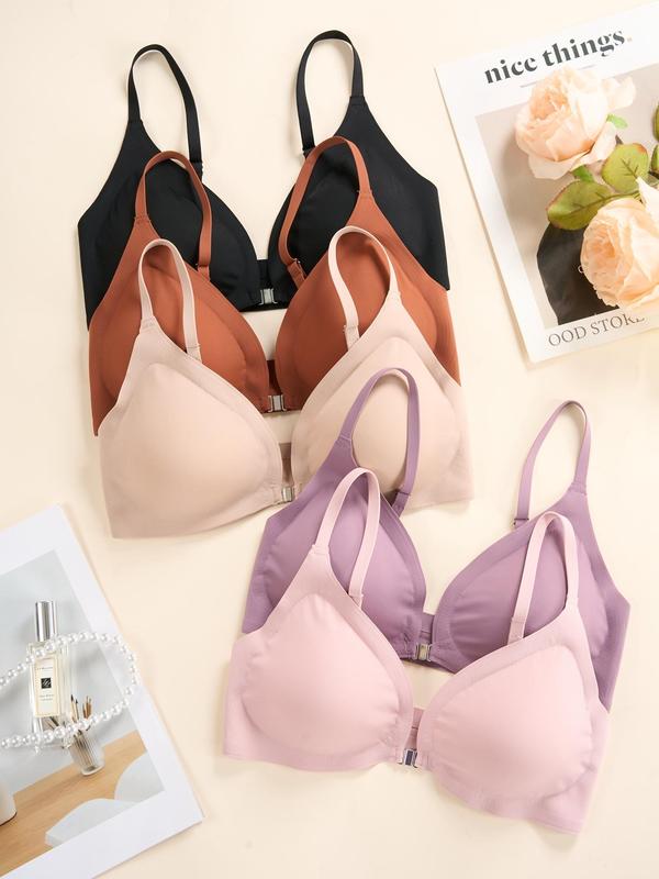 Women's 5pcs Solid Adjustable Strap Wireless Bra, Casual Breathable Comfortable Padded Push Up Bra, Ladies Underwear Sets for All Seasons, Bras for Women