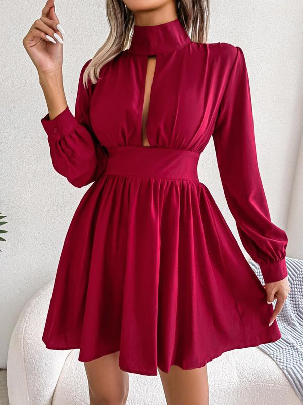 Women's Solid Cut Out High Neck A Line Dress, Elegant Fashion Casual Bishop Sleeve Short Dress for Daily Outdoor Wear, Ladies Dress for Spring Fall